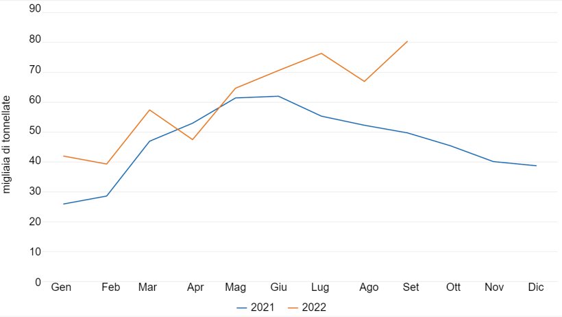 Volume di carne suina e prodotti a base di carne suina importati dalle Filippine al mese (migliaia di tonnellate). Dati del Philippine Bureau of Animal Industry..